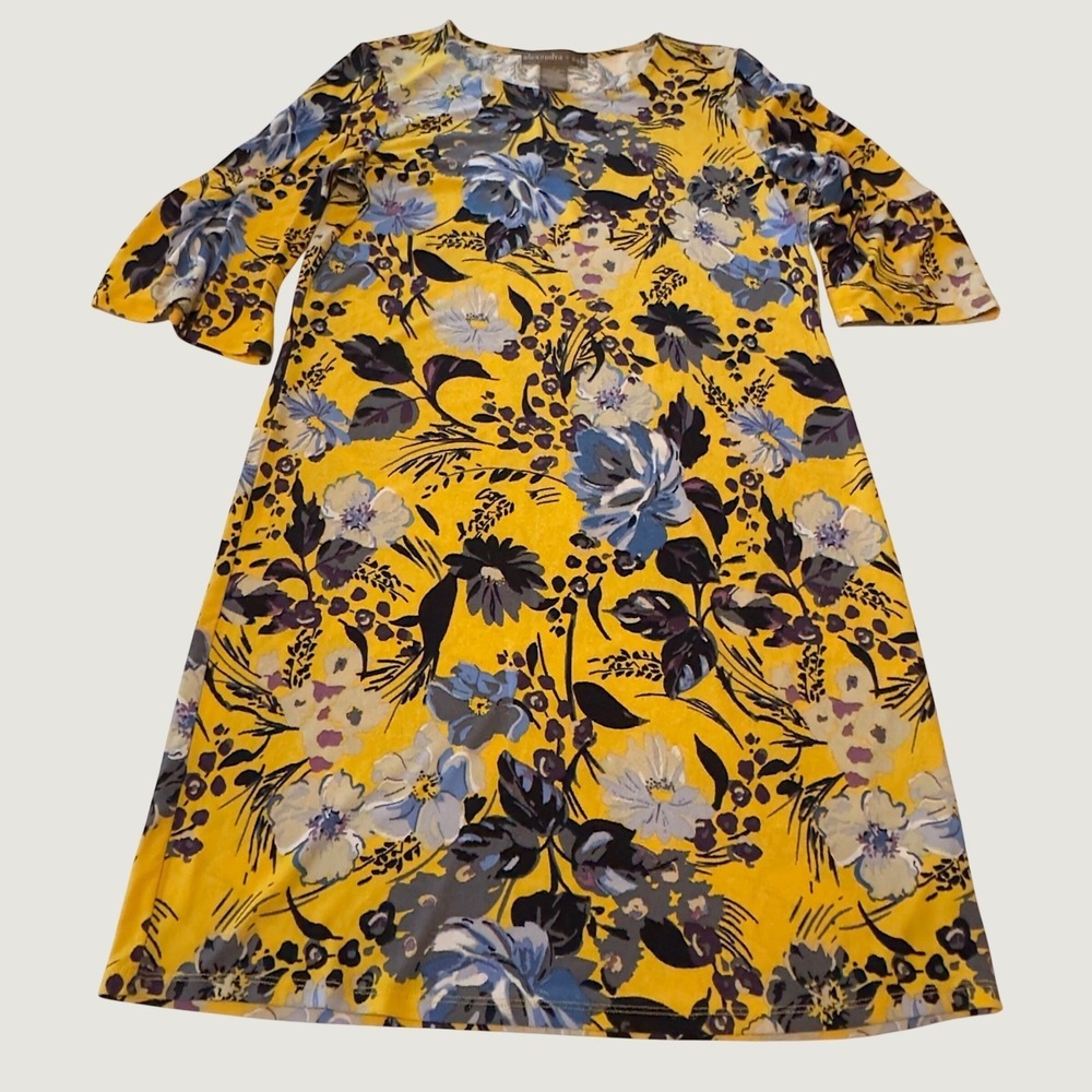 Alexandra + Oak Yellow Floral Bell Sleeve Shift Dress Medium Botanical Boho